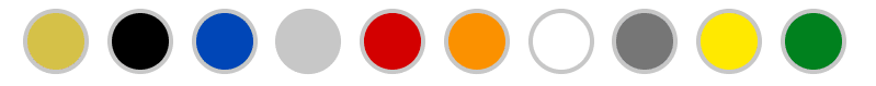 Série de onze cercles colorés alignés : jaune moutarde, noir, bleu, gris, rouge, orange, blanc, gris foncé, jaune et vert.