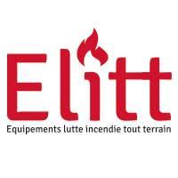 Logo Elitt rouge avec flamme et slogan Equipements lutte incendie tout terrain, spécialiste matériel pompiers.