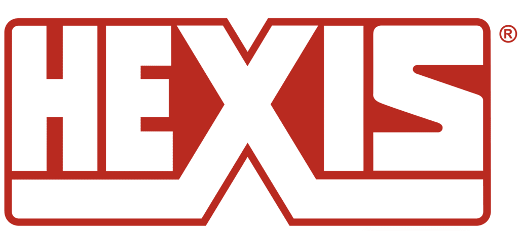 Logo HEXIS : Solutions de Films Adhésifs et Signalétique Logo HEXIS blanc sur fond rouge, lettres géométriques stylisées dans un cadre rectangulaire.