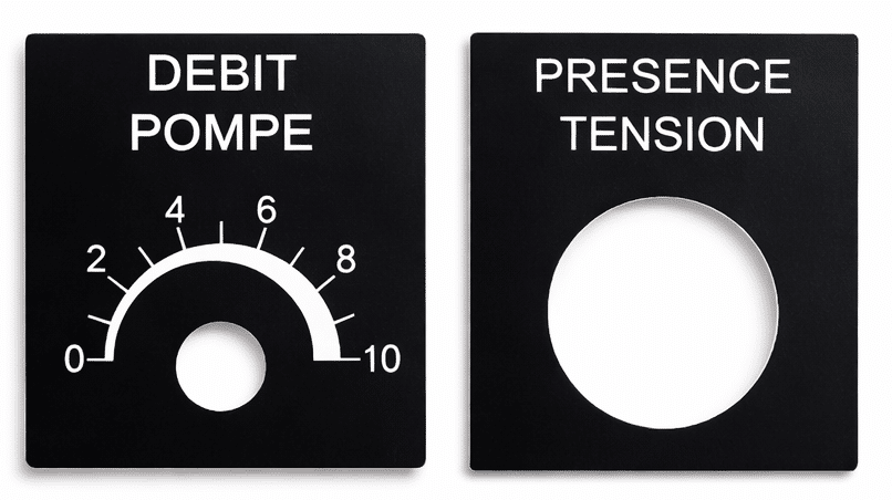 Plaques gravées noires : Débit Pompe avec échelle de 0 à 10 et Présence Tension avec ouverture circulaire.