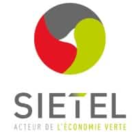 Logo SIETEL, emblème circulaire gris, rouge, vert et slogan Acteur de l'économie verte.