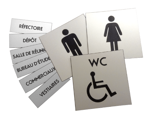 Plaques de signalisation en aluminium : pictogrammes WC, homme, femme et textes réfectoire, bureau, vestiaires.
