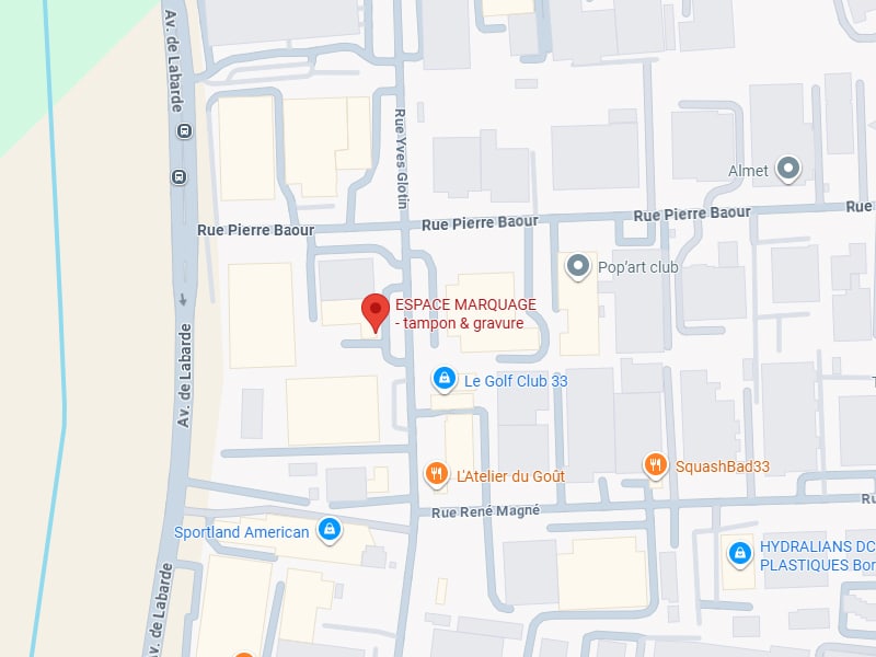 Espace Marquage : Carte et localisation pour tampon et gravure. Carte de l'ESPACE MARQUAGE (tampon & gravure), localisé sur Rue Pierre Baour, près d'Av. de Labarde, Le Golf Club 33 et Sportland American.