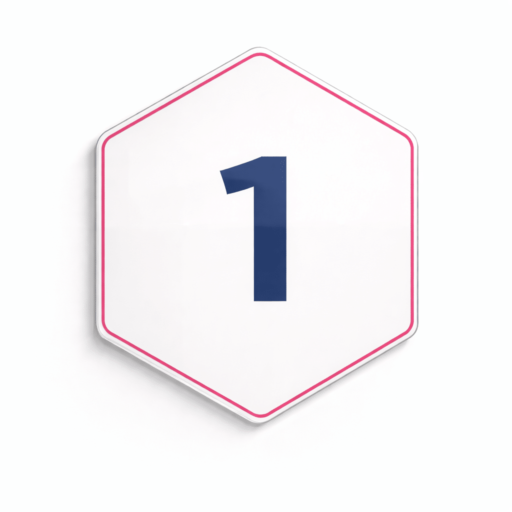 Chiffre 1 bleu marine sur un hexagone blanc à bordure rose, effet relief sur fond blanc.