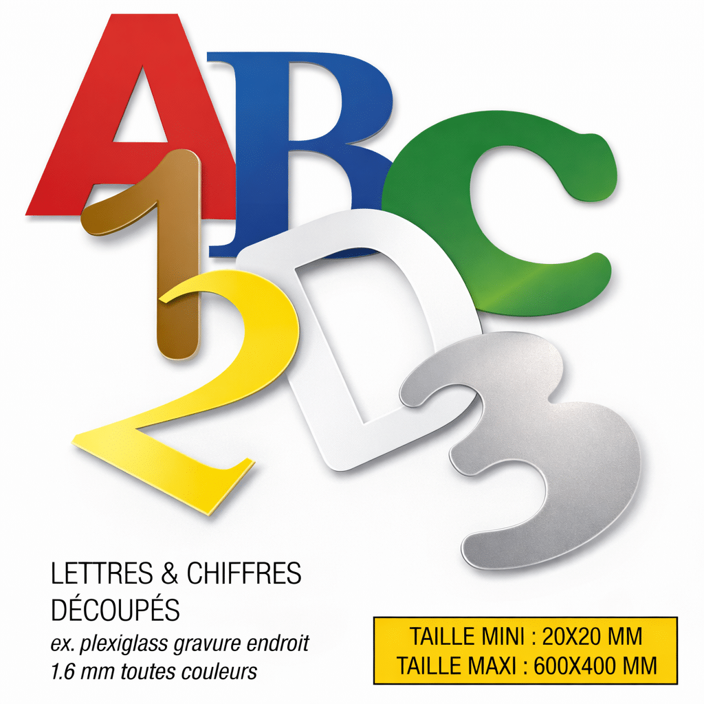 Lettres et chiffres découpés en plexiglass coloré. Formats de 20x20 à 600x400 mm, gravure 1,6 mm toutes couleurs.
