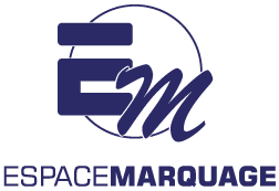 Espace Marquage : Solutions de Marquage et Logo Officiel Logo Espace Marquage, initiales EM stylisées bleu marine, texte capitales en dessous.